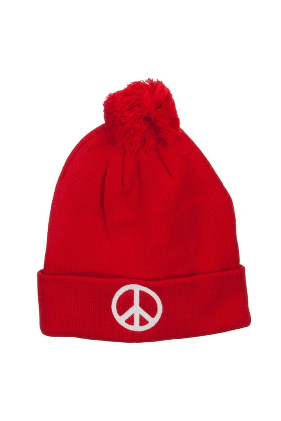 Peace Symbol Embroidered Pom Cuff Beanie - Red OSFM