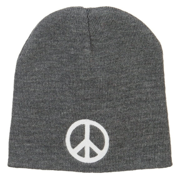 Peace Symbol Embroidered Short Beanie - Grey OSFM