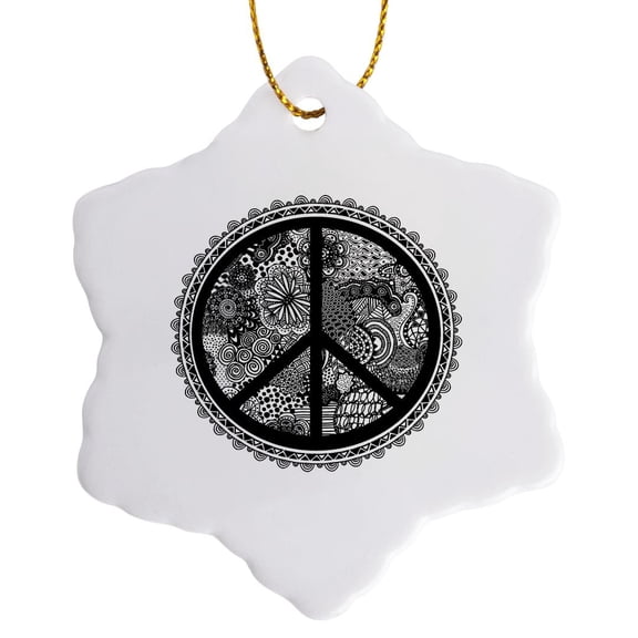 3drose, Peace Symbol in Zen Doodle Pattern White Background, 3 inch Snowflake Porcelain Ornament