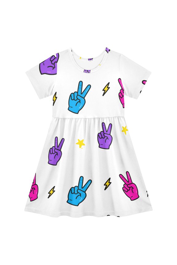 Peace Symbol Lightning Pattern Girls Short Sleeve Dress A Line Sun Protection Breathable Comfort Sundress 2T