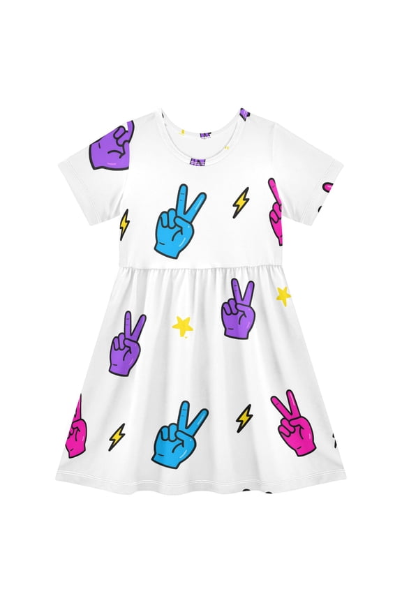 Peace Symbol Lightning Pattern Girls Short Sleeve Dress A Line Sun Protection Breathable Comfort Sundress 4T