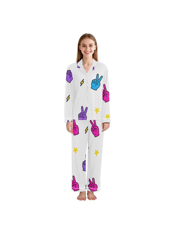Peace Symbol Lightning Pattern Women Pajama Set Soft Notch Collar Button Down Long Sleeve Lounge Sleepwear Large