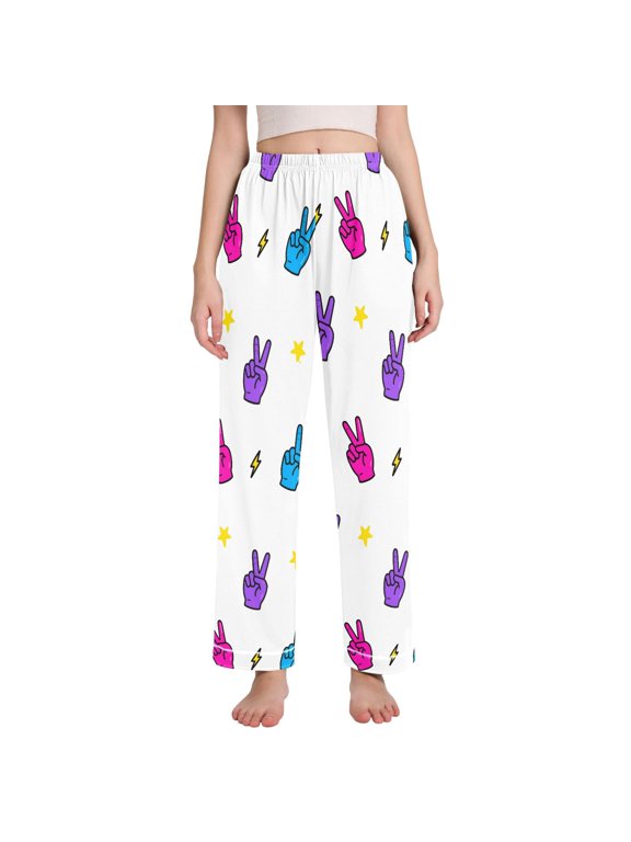 Peace Symbol Lightning Pattern Women's Pajama Pants Straight Leg Sleep Bottoms with Pockets Contrast Trim Lounge Pants for Women XX-Large