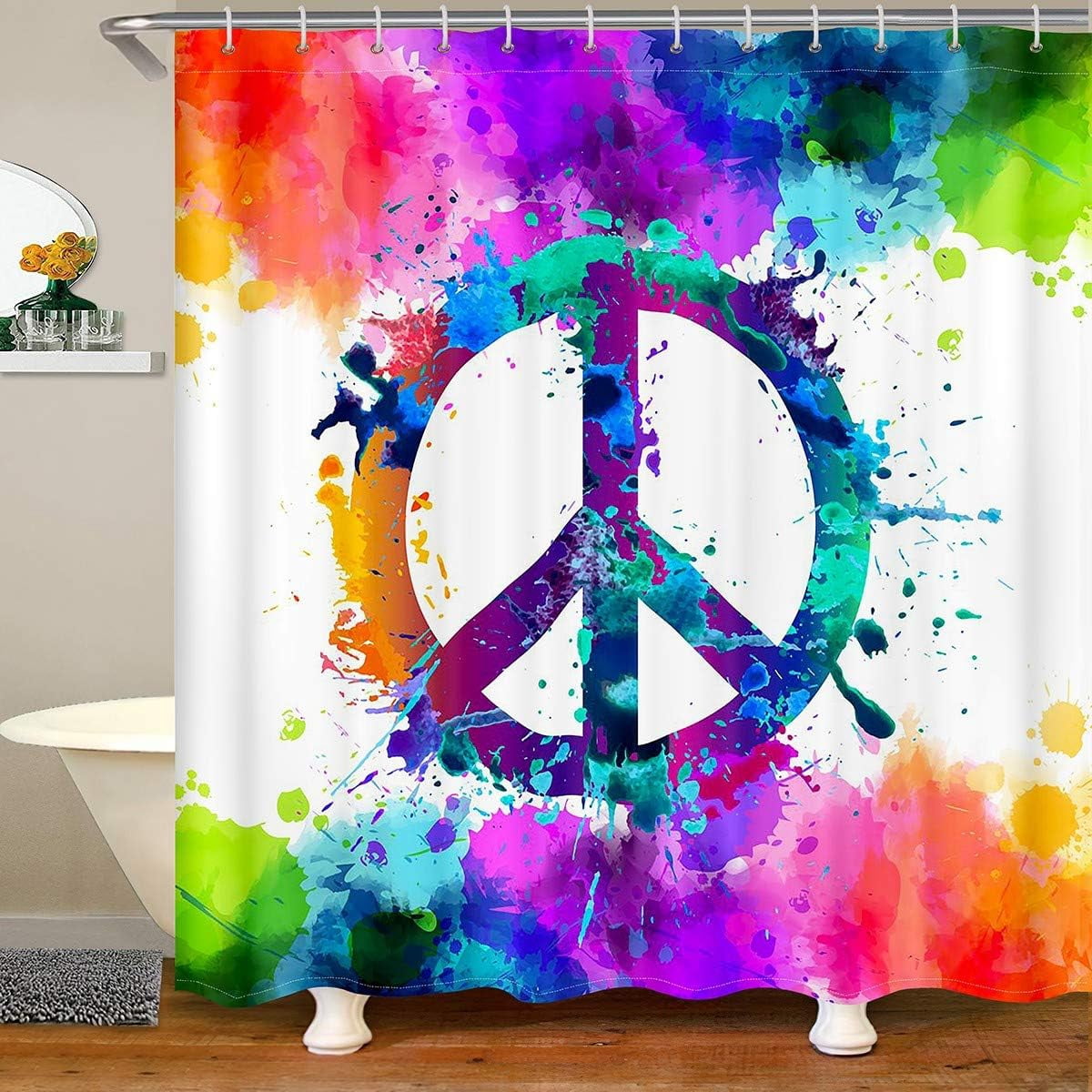 Peace Symbol Shower Curtain Set Tie Dye Waterproof Shower Curtain Watercolor Artsy Bath Curtain Colored Bathroom Accessories for Boys Girls,Plain White Hanging Curtain 72" Wx84 L Purple