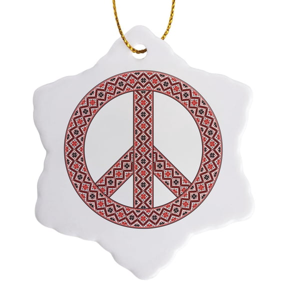 3drose, Peace Symbol Sign Colorful Adorned White Background Design, 3 inch Snowflake Porcelain Ornament