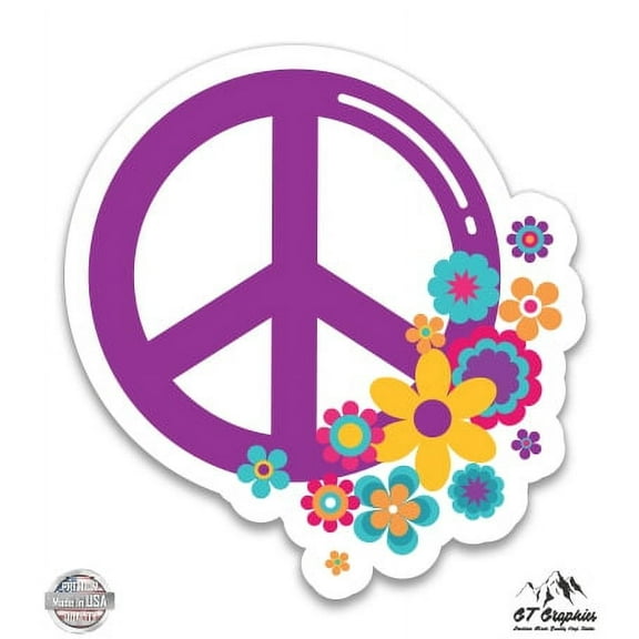 Peace Symbol with Flowers - 3" Vinyl Sticker - For Car Laptop I-Pad Phone Helmet Hard Hat - Waterproof Decal