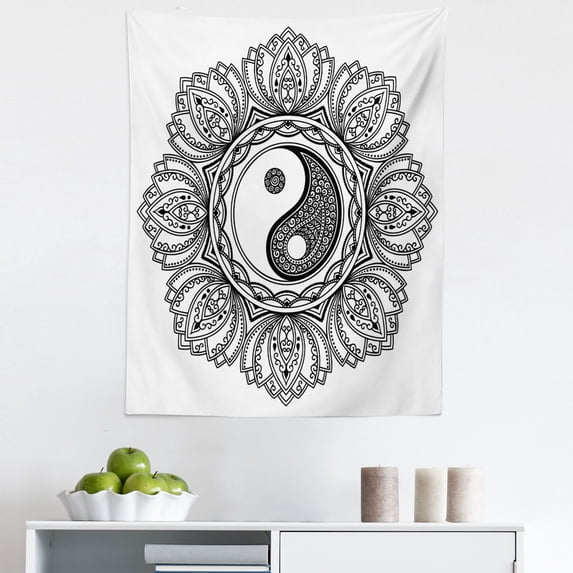 Peace Tapestry, Mandala Circle Floral Style Design Bohemian Print Yoga Arts, Fabric Wall Hanging Decor for Bedroom Living Room Dorm, 5 Sizes, Black White, by Ambesonne