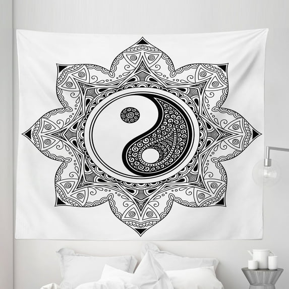 Peace Tapestry, Yin Yang Characters for Movement and Harmony Macro Cosmos Mandala Pattern, Fabric Wall Hanging Decor for Bedroom Living Room Dorm, 5 Sizes, White Black, by Ambesonne