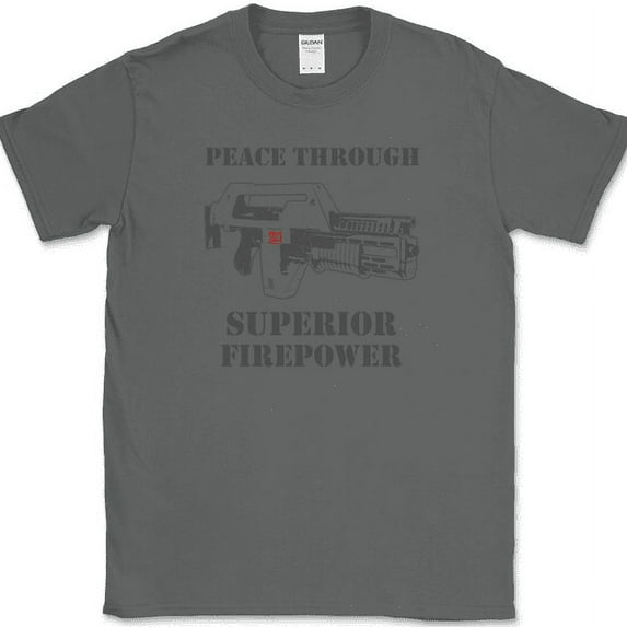 Peace Through Superior Fire Power T-Shirt Aliens Movie Graphic Tee - Charcoal, M