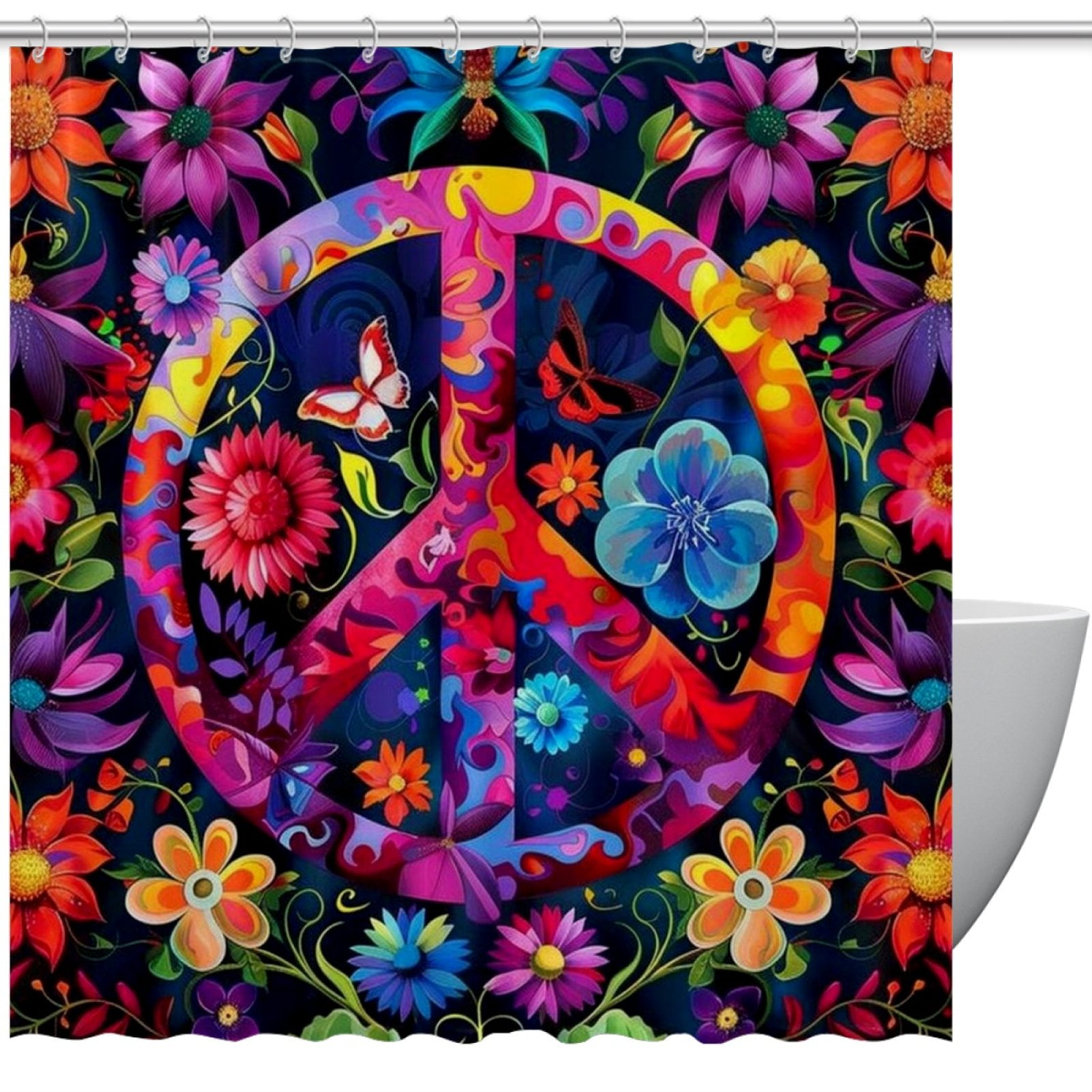 Peace Waterproof Bathroom Curtain Set with Hooks - Printed Bathroom ...