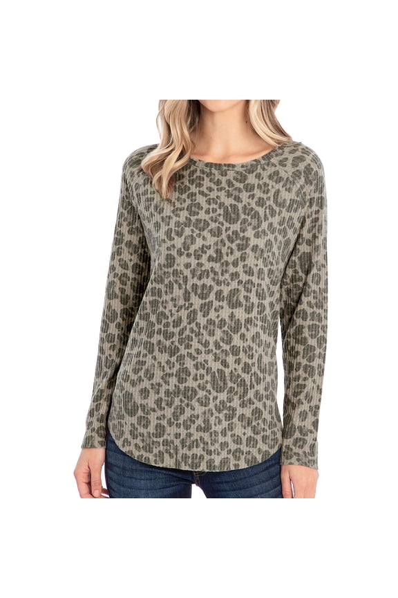 Waffle Knit Tunic Long-Sleeve in Leopard Print, Size Small