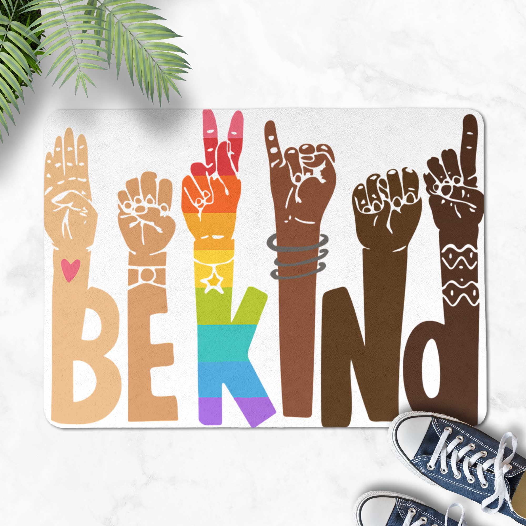 Peace and Kindness Welcome Rug, Be Kind Message with Multiracial Hands ...