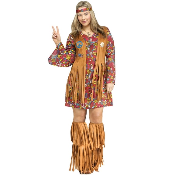 FunWorld Costumes Women's Groovy Peace And Love Hippie Fringe Dress Costume Plus Size 16-20