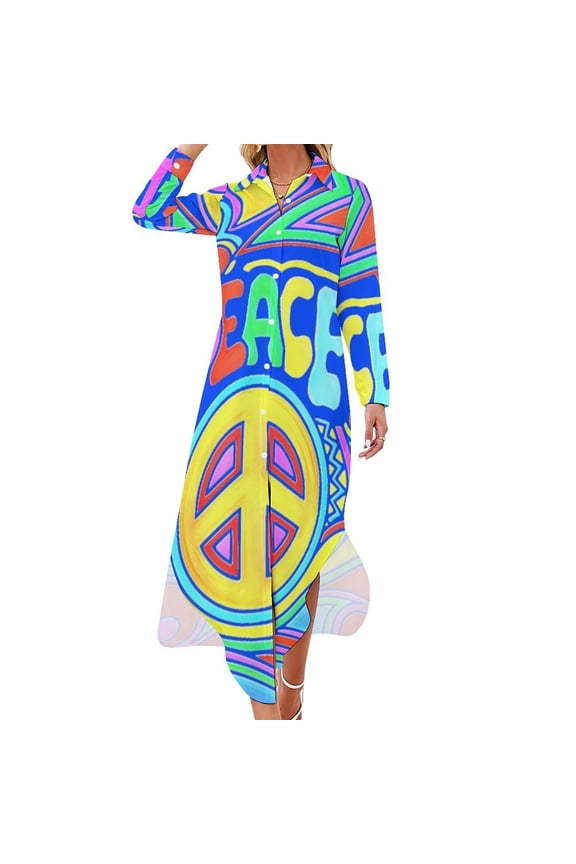 Peace and love Flower Power Hippy Design Long Sleeved Shirt Dress Casual dresses