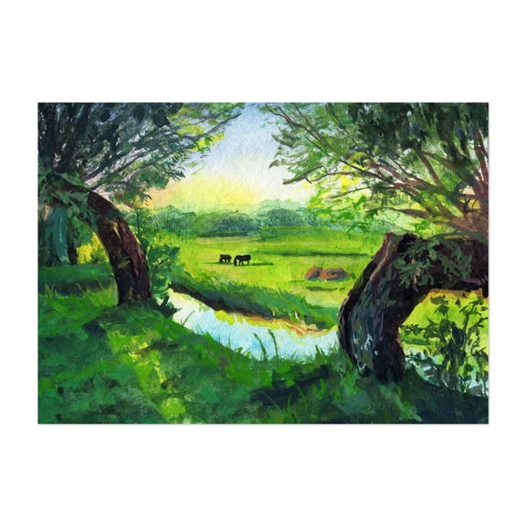 Peace at the Creek - Painting Pastoral Watercolor Landscape Nature Rural Scenic Farm Unframed Wall Art Print 20 x 28 inches