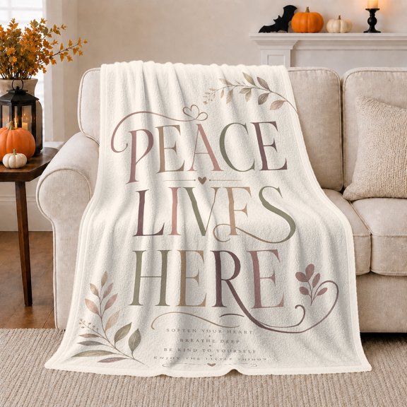 Peace lives here botanical quote Flannel Blanket for bedroom sofa living room reading nook Home Decor cream leaf heart calming typography art Gift for peace lovers