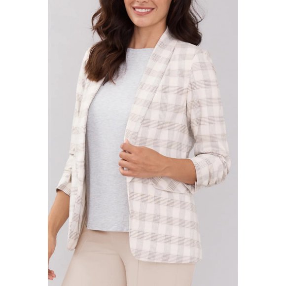Peace of Cloth Lapel Collar Ruched Sleeve Plaid Crepe Jacket-CHARLESTON PLAID / XS