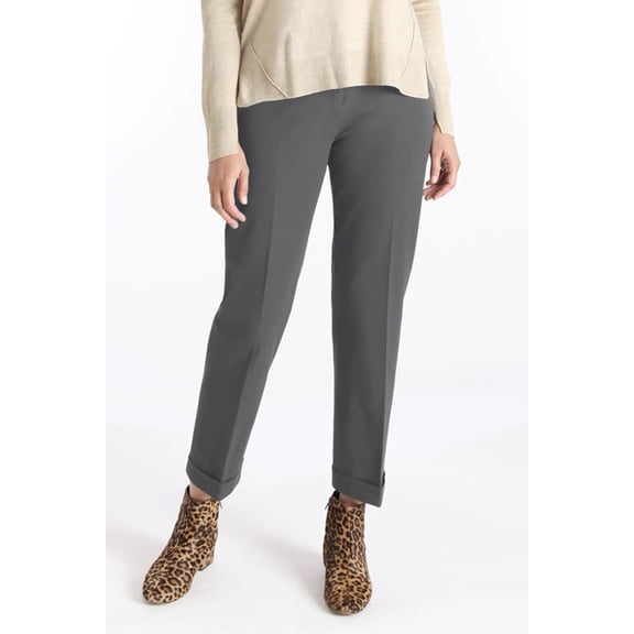 Peace of Cloth Mid Waist Belt Hoop Zipper Hoop Bar Button Closure Solid Folded hem Twill Pant-PEWTER / 16