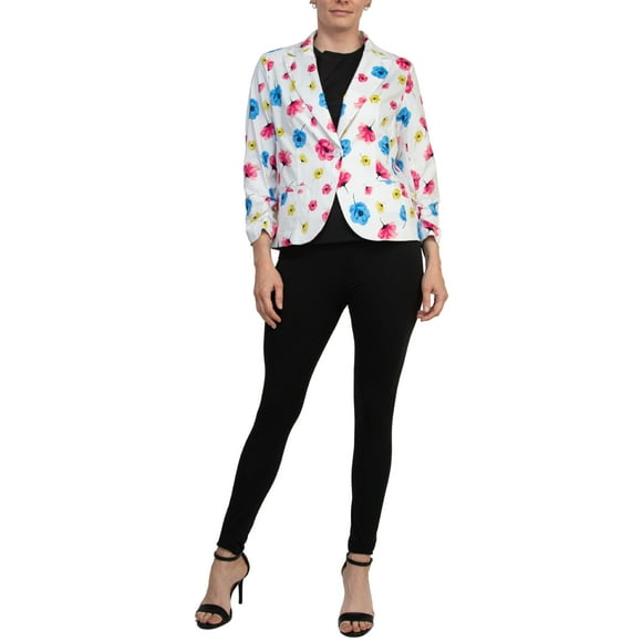 Peace of Cloth Notched Lapel Collar Bright White Floral Print Cropped Fit Blazer Color: POPPIES, Size: XS