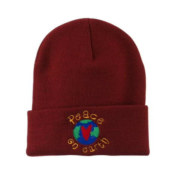 Peace on Earth Embroidered Beanie - Maroon OSFM