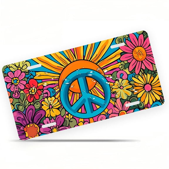 Peace - sign and Floral Design Funny Personalized License Plate Rust-proof Stainless Steel Metal License Plate Suitable For Men And Women 12.2" x 6.2"