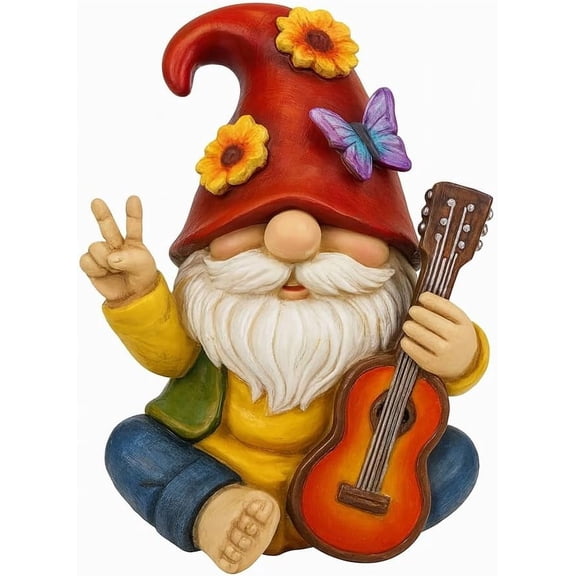 Peace sign garden gnome statue outdoor sculpture, fun guitar playing dwarf rock music decoration - 6-inch resin lawn decoration, unique housewarming gift for music lovers and gardeners (red)