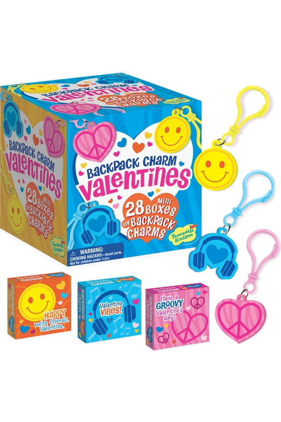 Backpack Charm Valentines, 28 Mini Boxes with 3 Cute Charm Designs, Classroom Valentine Exchange for Kids Ages 4+, Heart, Smiley & Headphone Charms, Includes 28 Boxes & 28 Charms