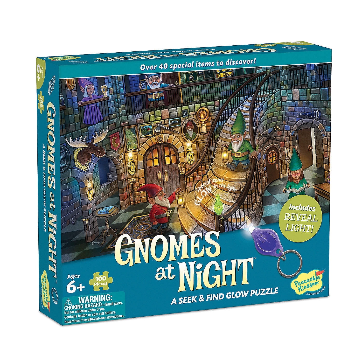 Peaceable Kingdom Gnomes at Night Puzzle, 100-Pc. Seek & Find Glow Puzzle for Kids Ages 6 & Up, Included Blacklight Reveals Hidden Items, Great for Home or Classrooms