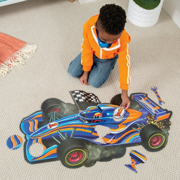 Peaceable Kingdom Racecar Floor Puzzle with Uniquely Fun Shaped Pieces for Kids, Ages 3 Years and Up