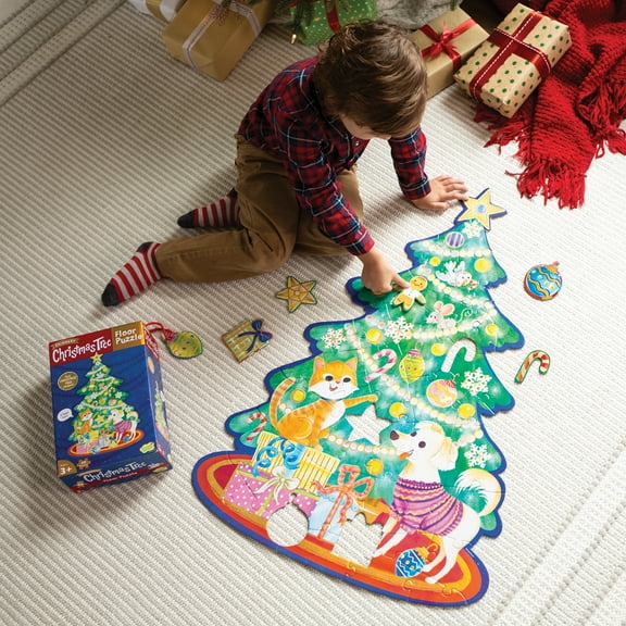 Peaceable Kingdom Shimmery Christmas Tree Floor Puzzle, 49 Puzzle Pieces Floor Puzzle for Kids