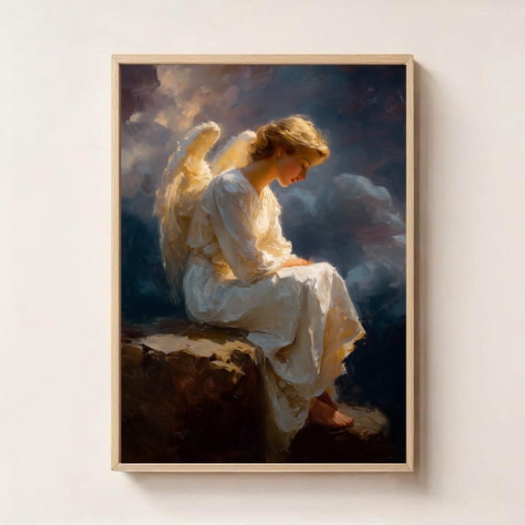 Peaceful Angel Sitting in the Clouds Guardian Angel Wall Art, Unframed Paper Poster 8x10in