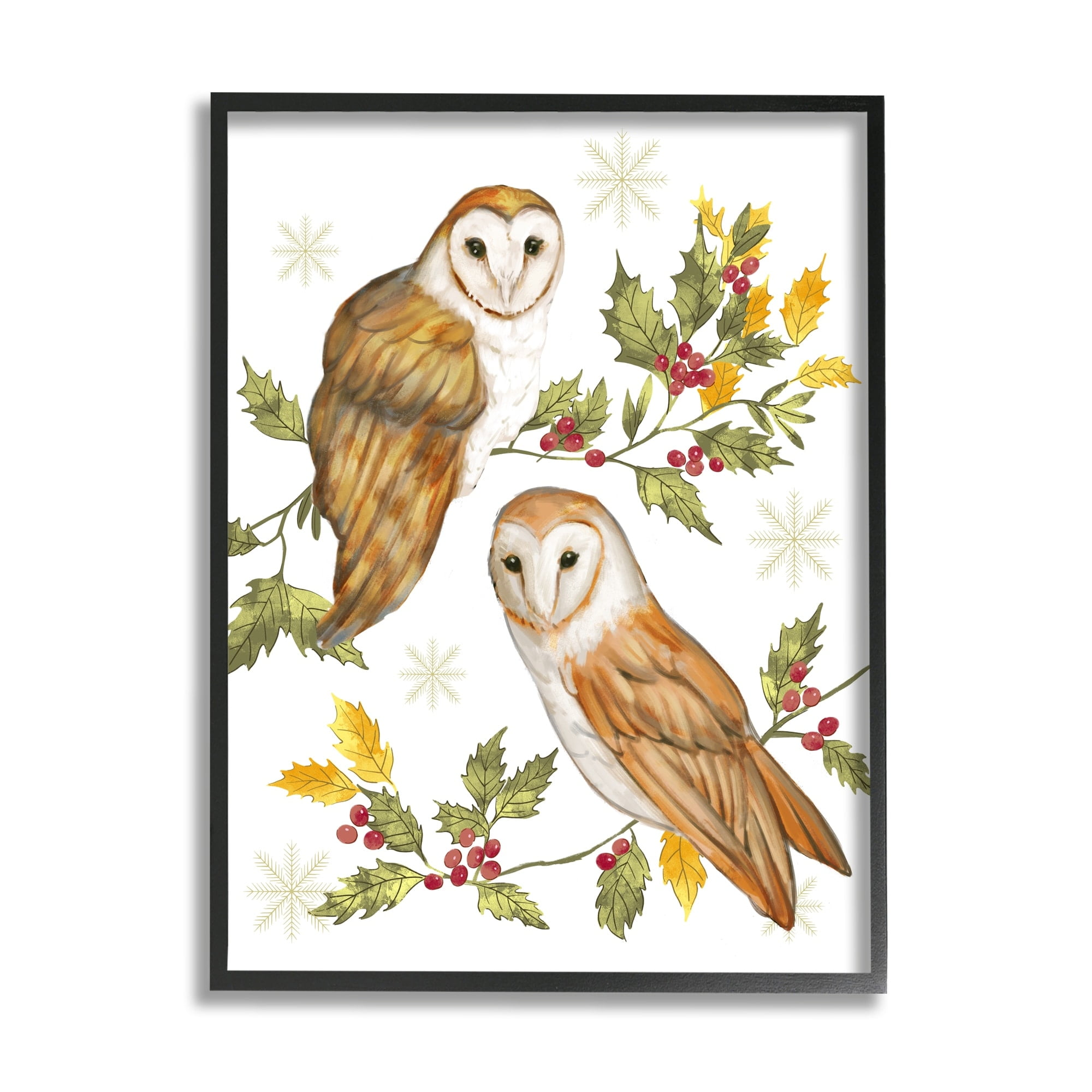 Peaceful Barn Owl Perched Holly Berry Sprigs Animals & Insects Painting Framed Art Print Wall Art