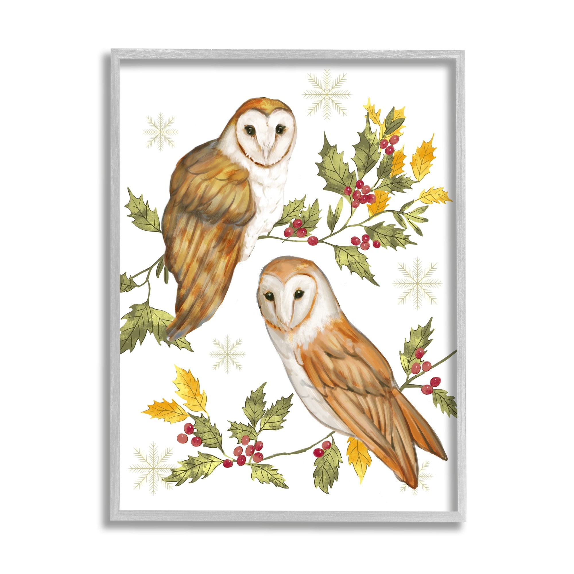 Peaceful Barn Owl Perched Holly Berry Sprigs Animals & Insects Painting Framed Art Print Wall Art