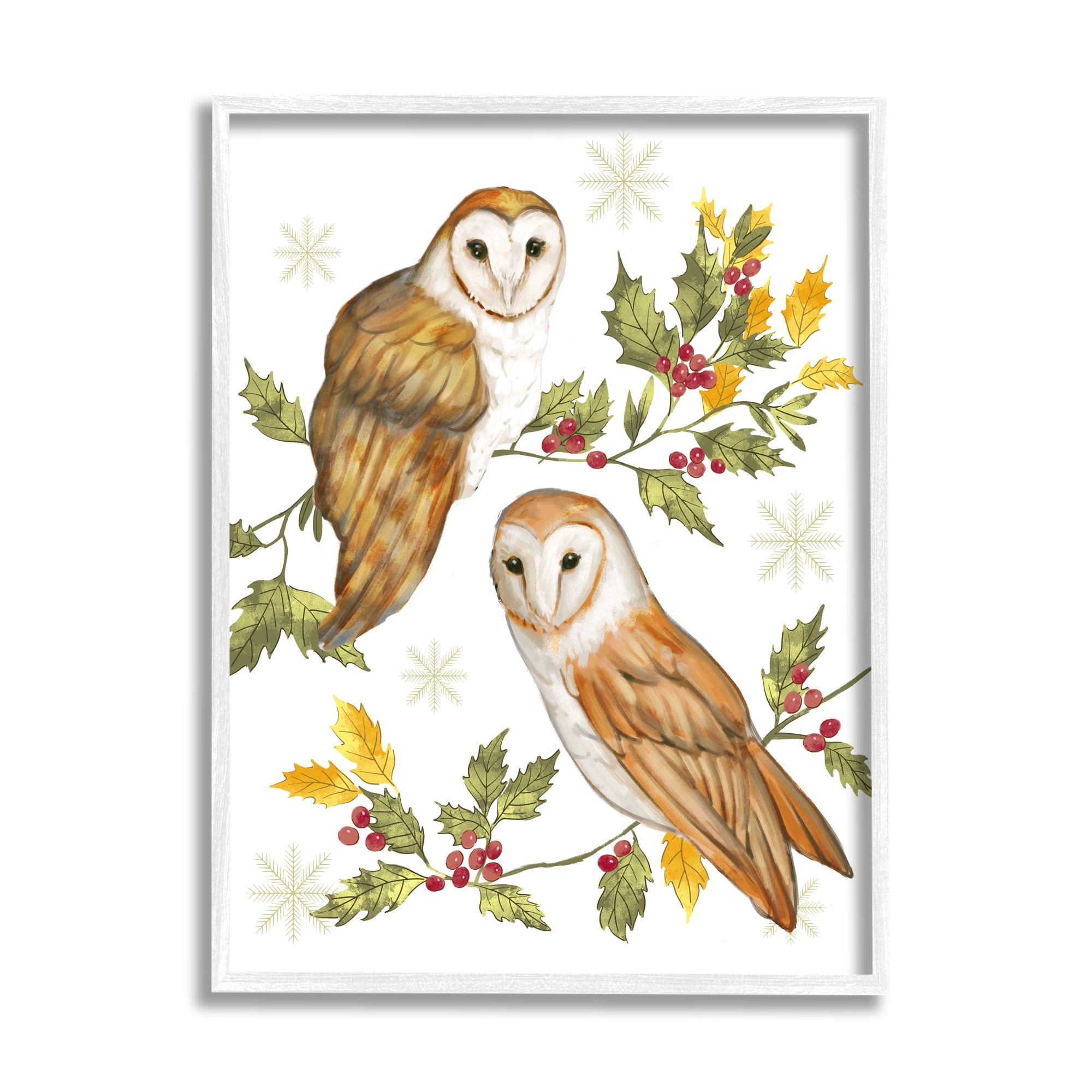 Peaceful Barn Owl Perched Holly Berry Sprigs Animals & Insects Painting Framed Art Print Wall Art