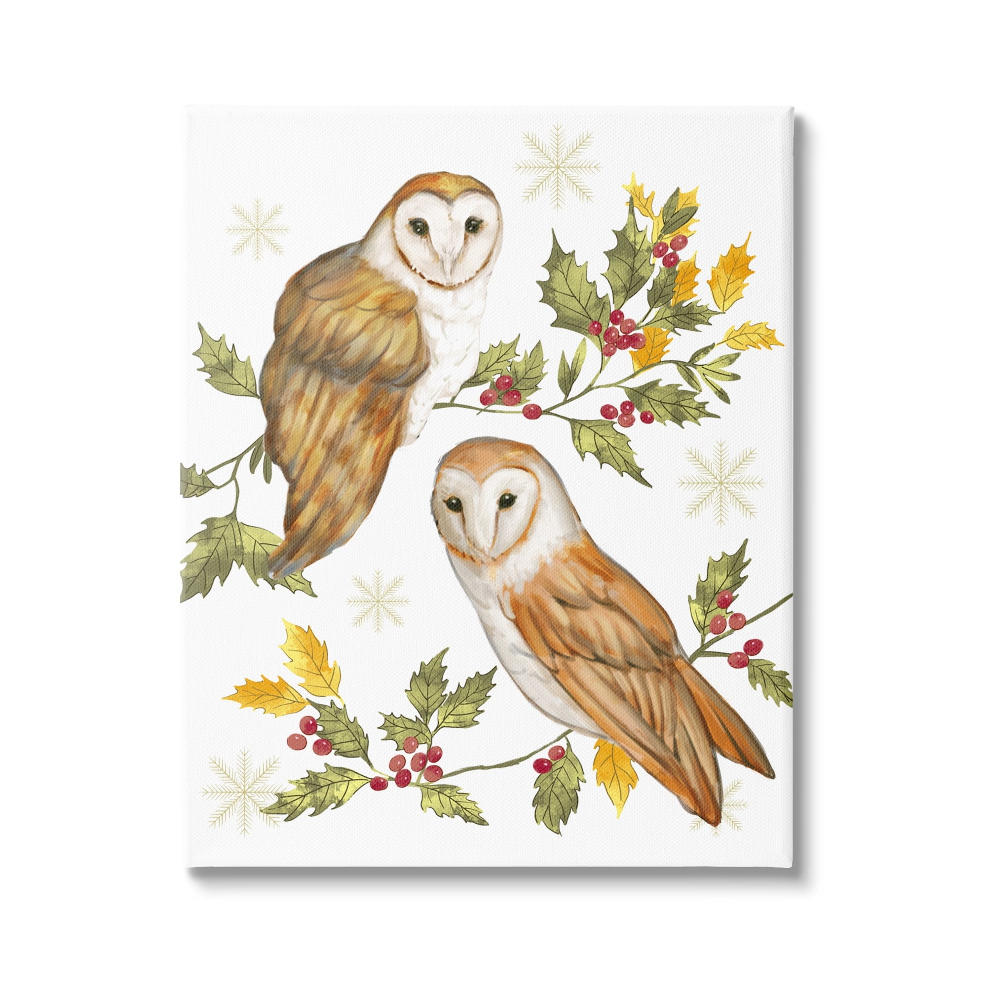 Peaceful Barn Owl Perched Holly Berry Sprigs Animals & Insects Painting Gallery-Wrapped Canvas Print Wall Art