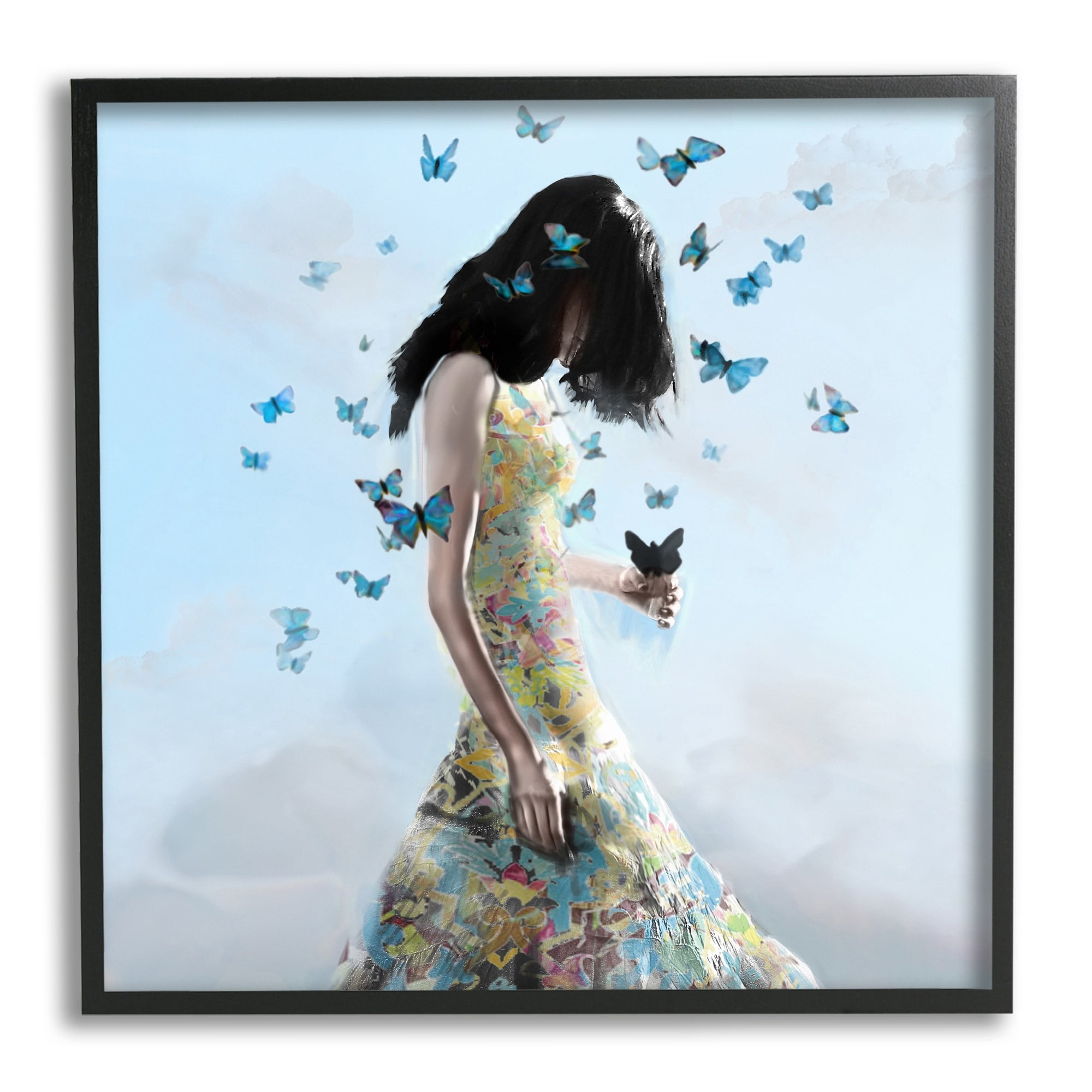 Peaceful Blue Butterflies Fluttering Woman Gown Dress Animals & Insects Graphic Art Framed Art Print Wall Art
