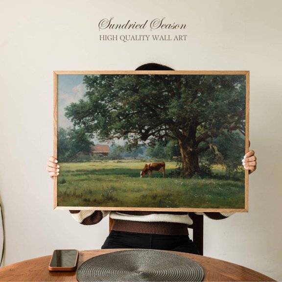 Peaceful Countryside Cow Pasture Rustic Farm Oak Tree Barn, Unframed Paper Poster 8x10in
