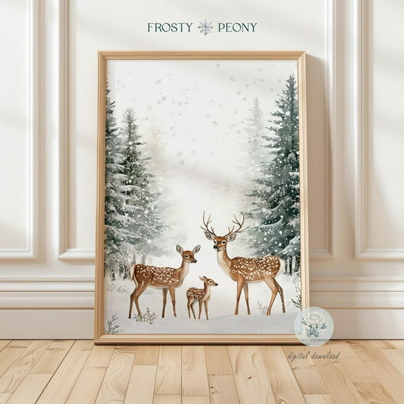 Peaceful Deer Family In Snowy Forest Art Print, Winter Woodland Wall Art, Winter Wonderland Art, Wall Art, Modern Wall Decor, 16x24 UNFRAMED
