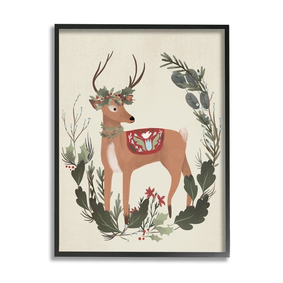 Peaceful Deer Festive Holiday Leaf Border Collage Animals & Insects Painting Framed Art Print Wall Art