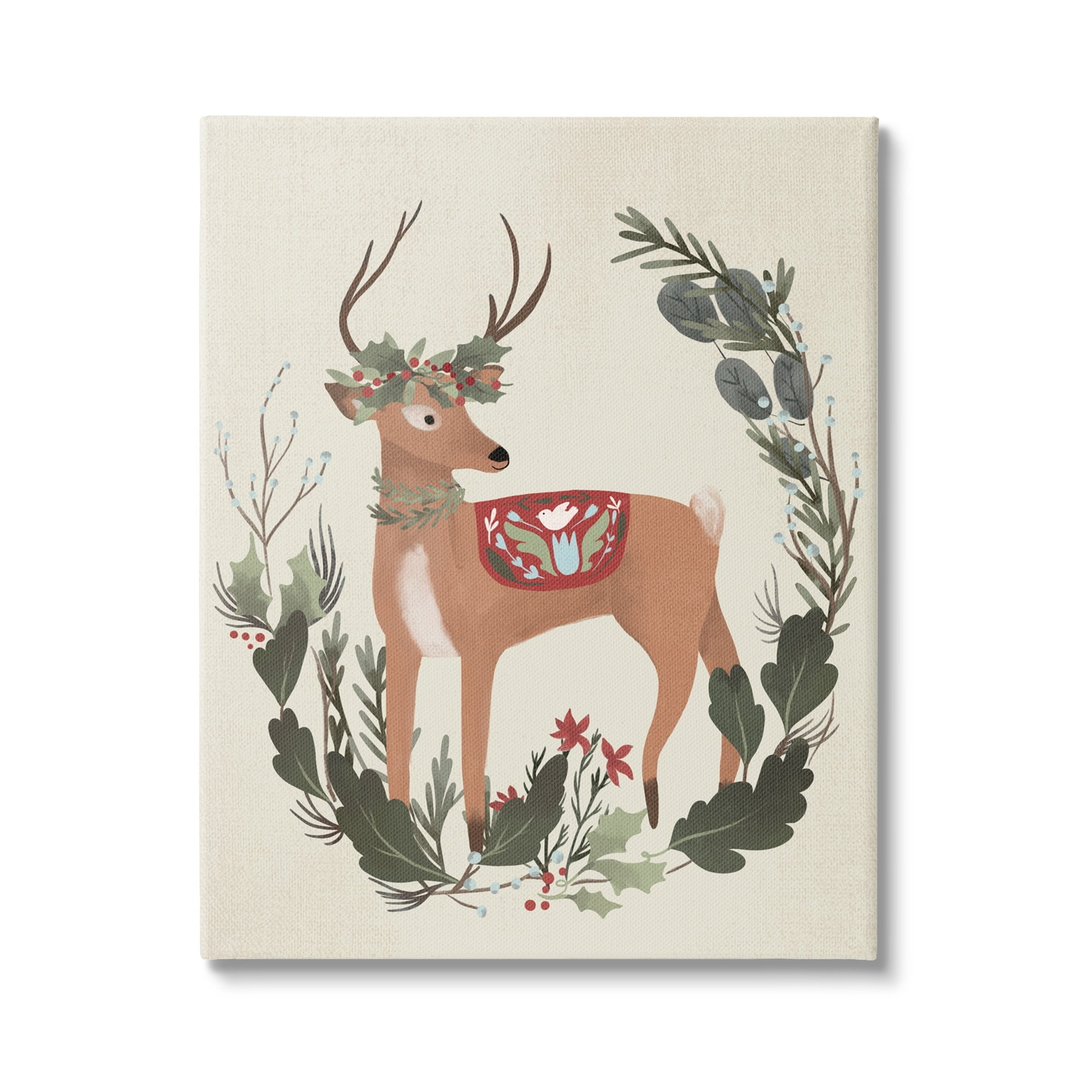 Peaceful Deer Festive Holiday Leaf Border Collage Animals & Insects Painting Gallery-Wrapped Canvas Print Wall Art