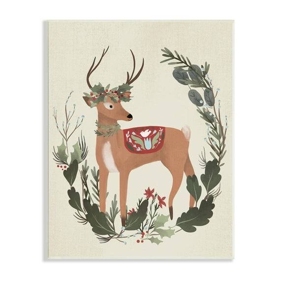 Peaceful Deer Festive Holiday Leaf Border Collage Animals & Insects Painting Unframed Art Print Wall Art