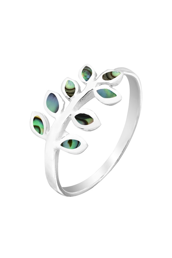 Peaceful Elegance Olive Branch w/ Abalone Shell Inlay Sterling Silver Band Ring for Female Anniversary Size-8