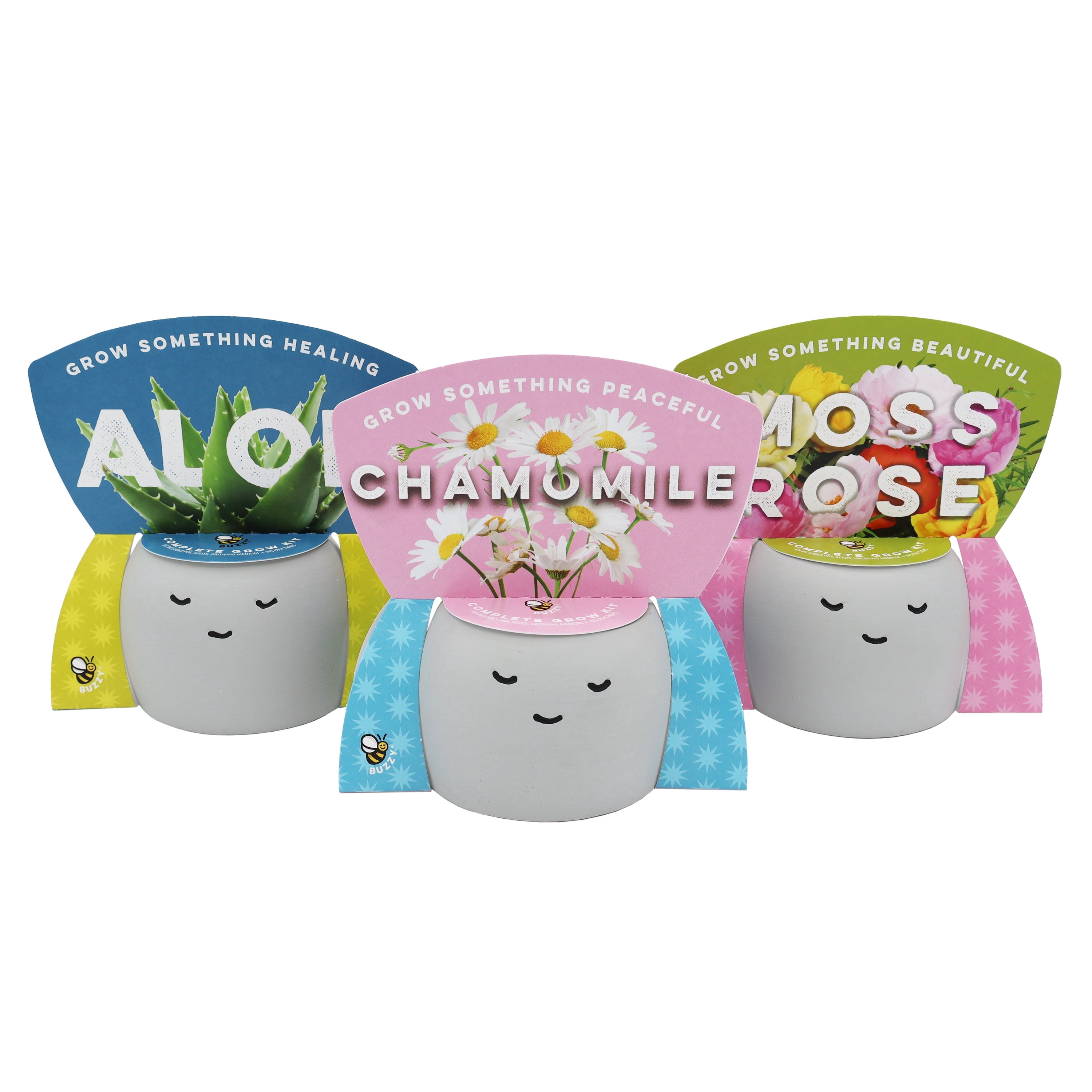 Peaceful Emoji Pot Grow Kit Trio (Set of 3) – Chamomile, Moss Rose & Aloe – Cute Mini Plant Kits for Desks, Dorm Rooms, Windowsills & Gifts