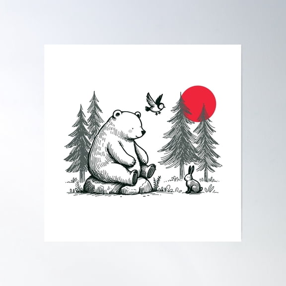 Peaceful Forest Bear And Friends At Sunset – Whimsical Nature Scene Poster Wall Art, Modern Wall Decor, 30x30 UNFRAMED