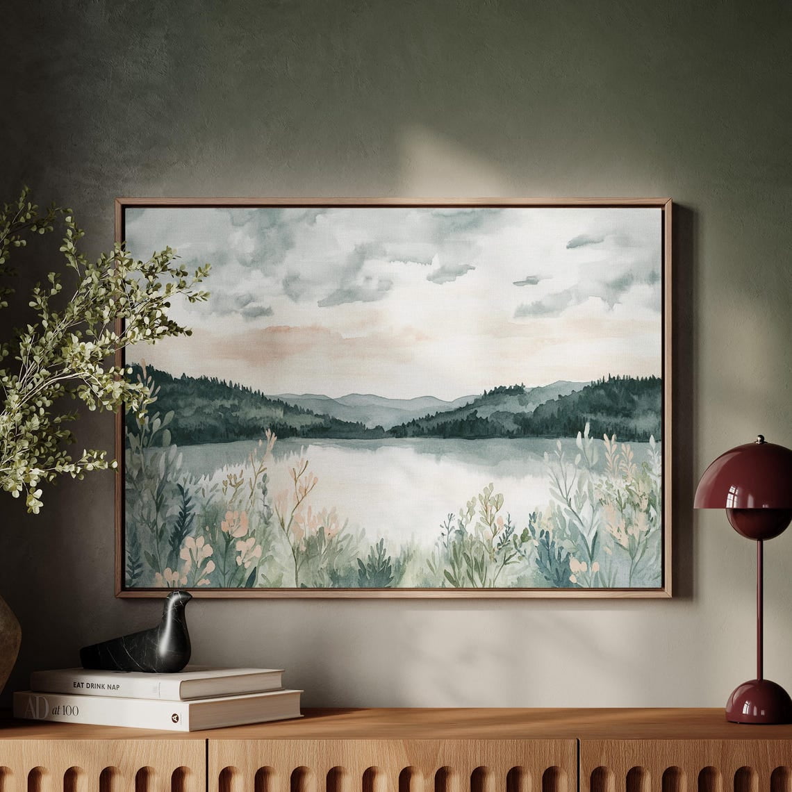 View of Peaceful Forest Lake Watercolor Print, Nature-Inspired Wall Art, Serene ...