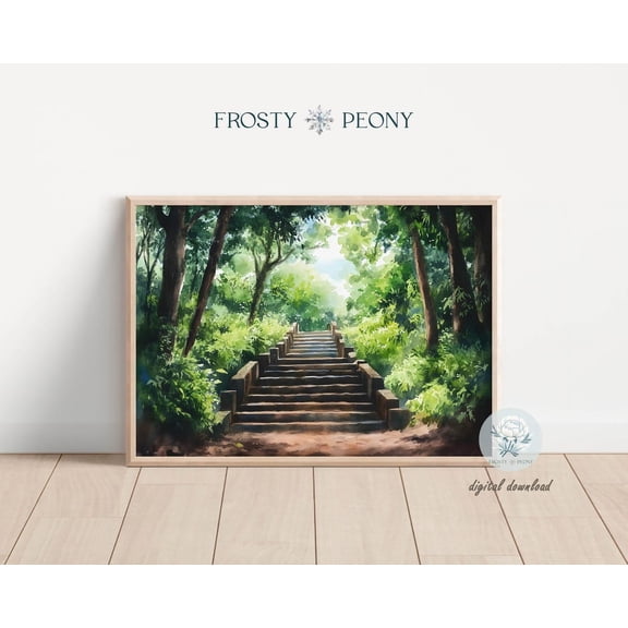Peaceful Forest Stairs Art Print, Calming Nature Landscape Wall Art, Tranquil Forest Scenery Art, Wall Art, Modern Wall Decor, 12x18 UNFRAMED