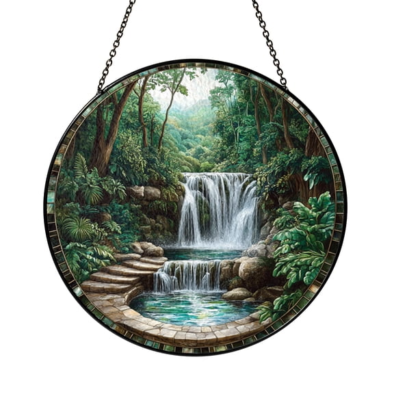 Peaceful Forest Waterfall Stained Glass Round Suncatcher, Scenic Nature Window Decor