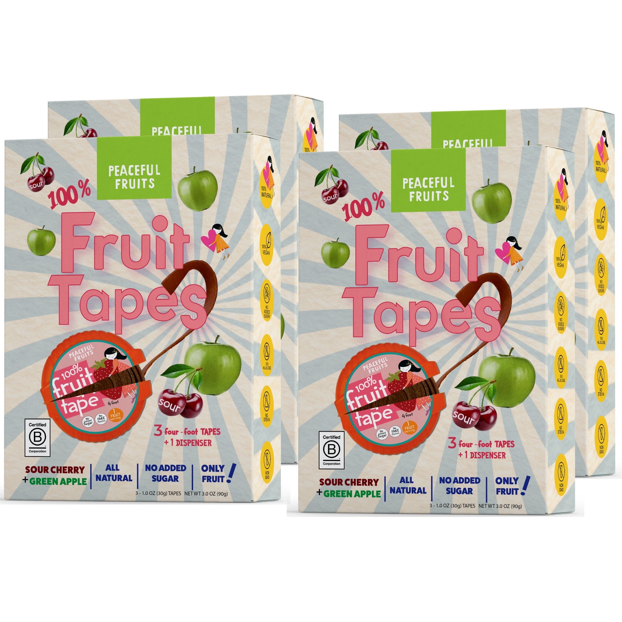 Peaceful Fruits 100% Fruit Tapes - Sour Cherry & Green Apple - 4 boxes of 3 mega tapes