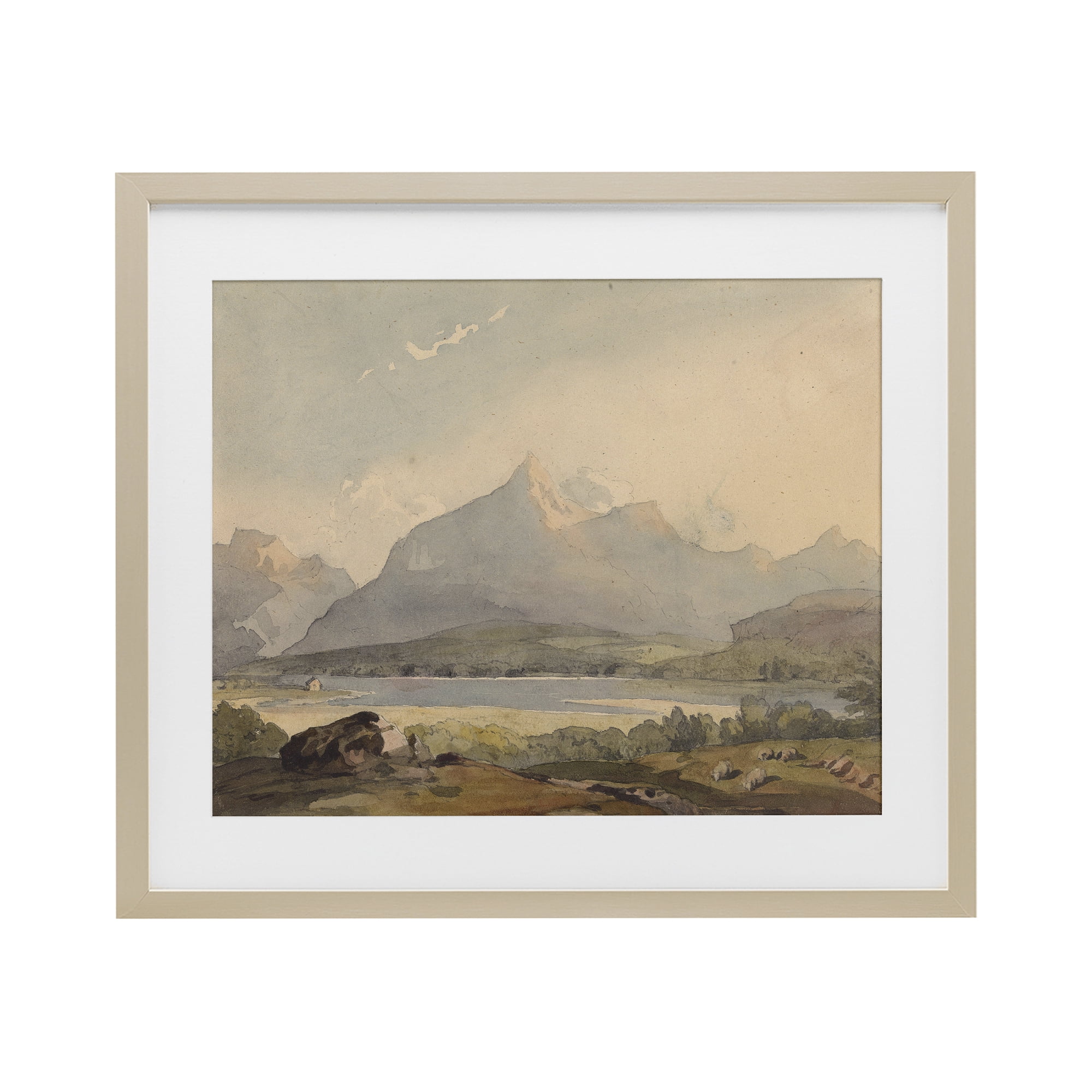 Peaceful Hazy Mountains Birch Framed Print Under Glass, design by Lettered and Lined