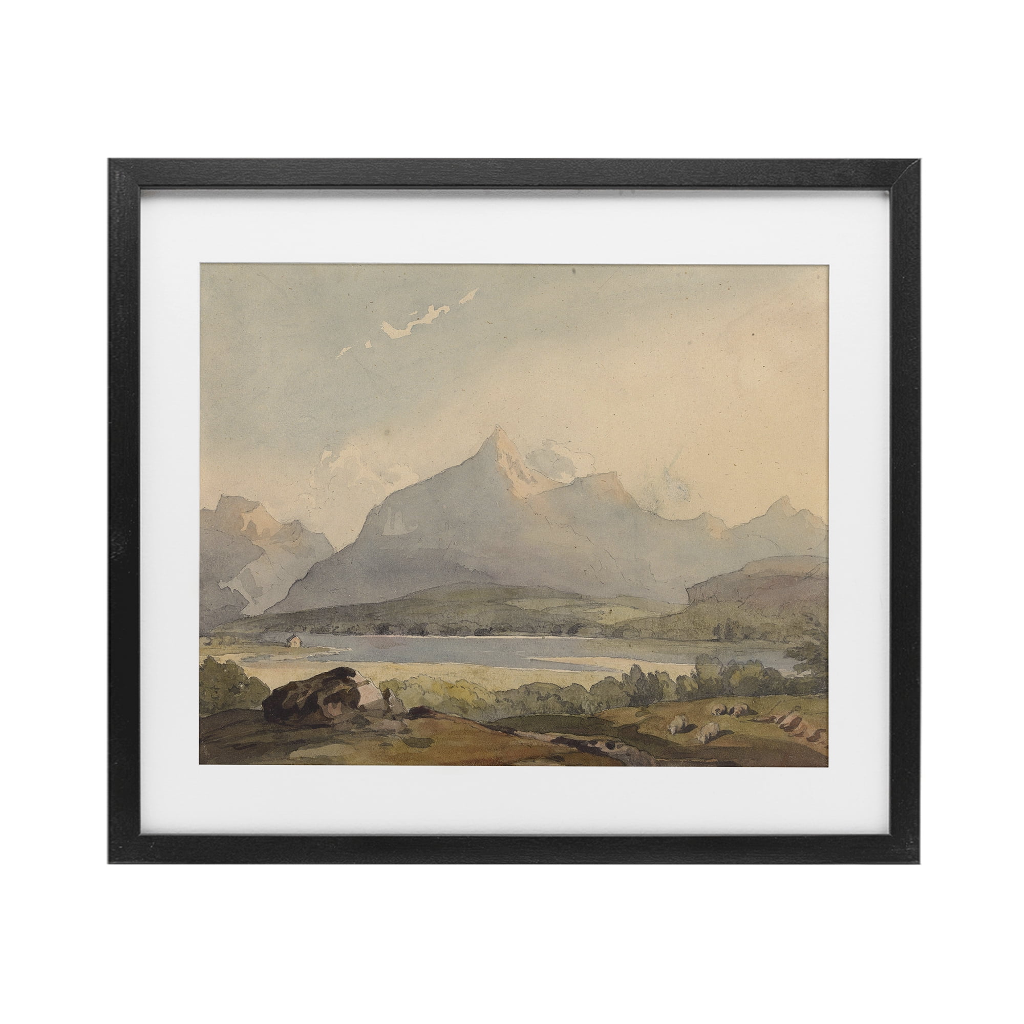 Peaceful Hazy Mountains Black Framed Print Under Glass, design by Lettered and Lined